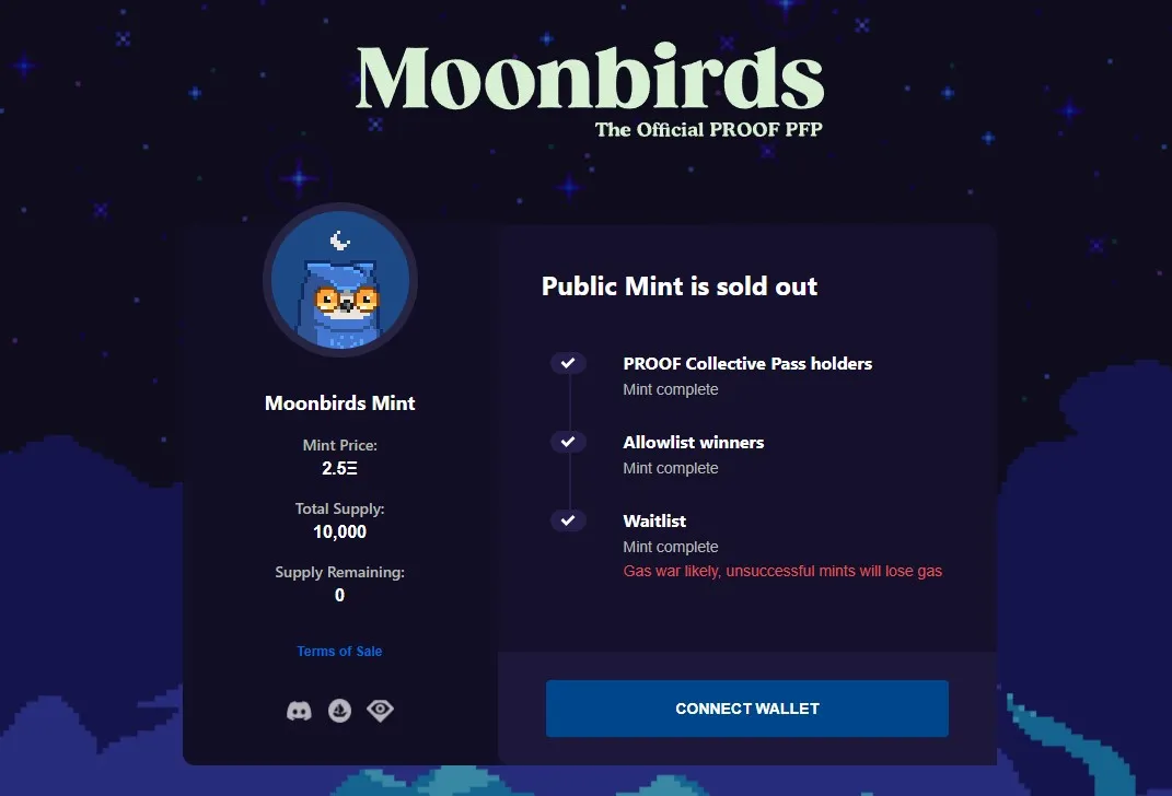 Sitio web de Moonbirds NFT