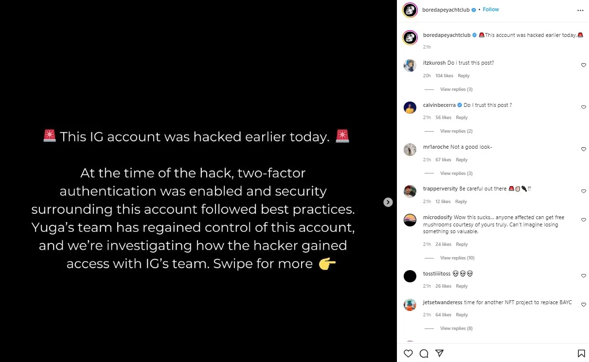 Noticia del hackeo a la cuenta de Instagram de Bored Ape