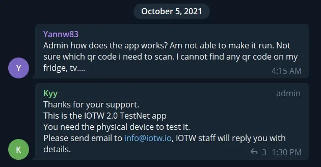 Telegram de IOWT en donde menciona que se necesita un dispositivo para probar en la TestNet