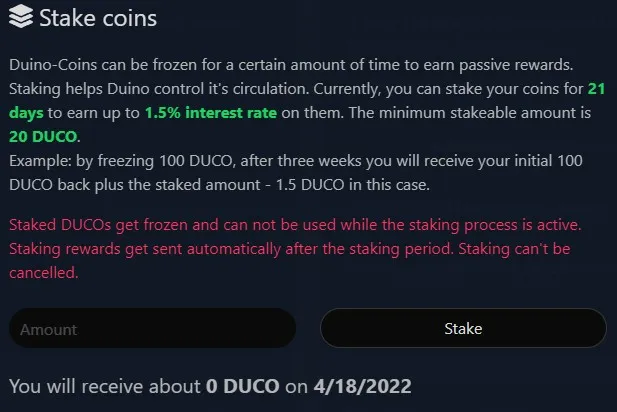 Hacer staking de Ducos en Duino-Coin