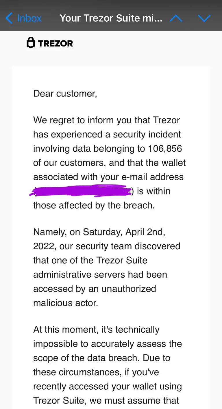 Captura de pantalla del correo phishing enviado a nombre de Trezor