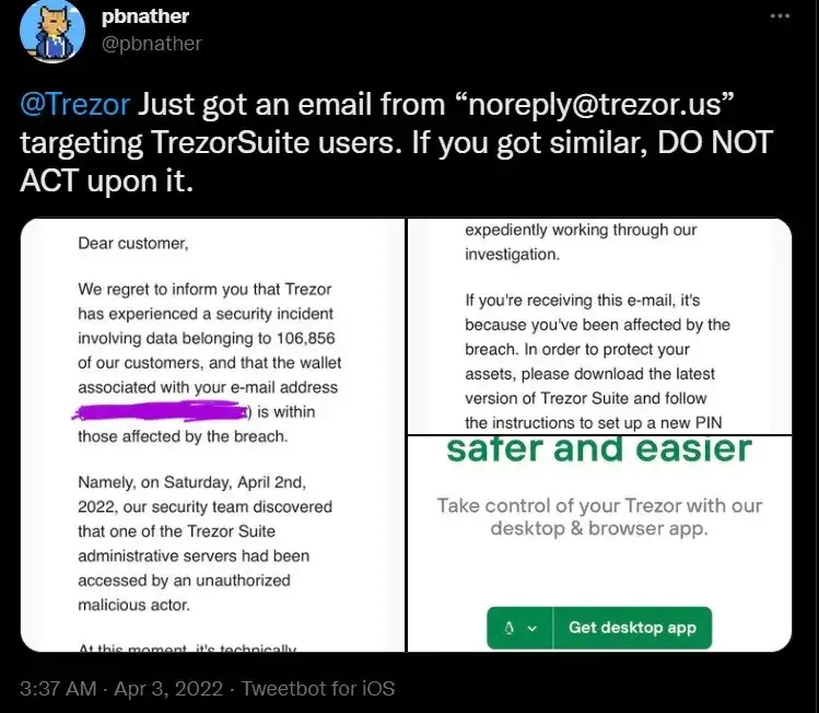 Tweet de usuario que recibió el correo phishing enviado a nombre de Trezor