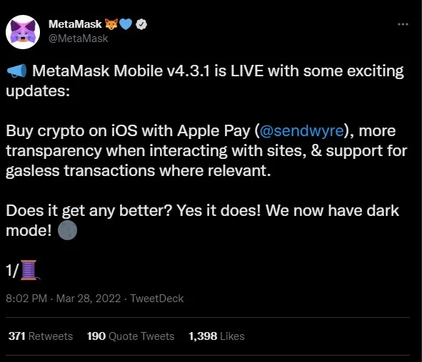 Anuncio de MetaMask sobre integración con Apple Pay