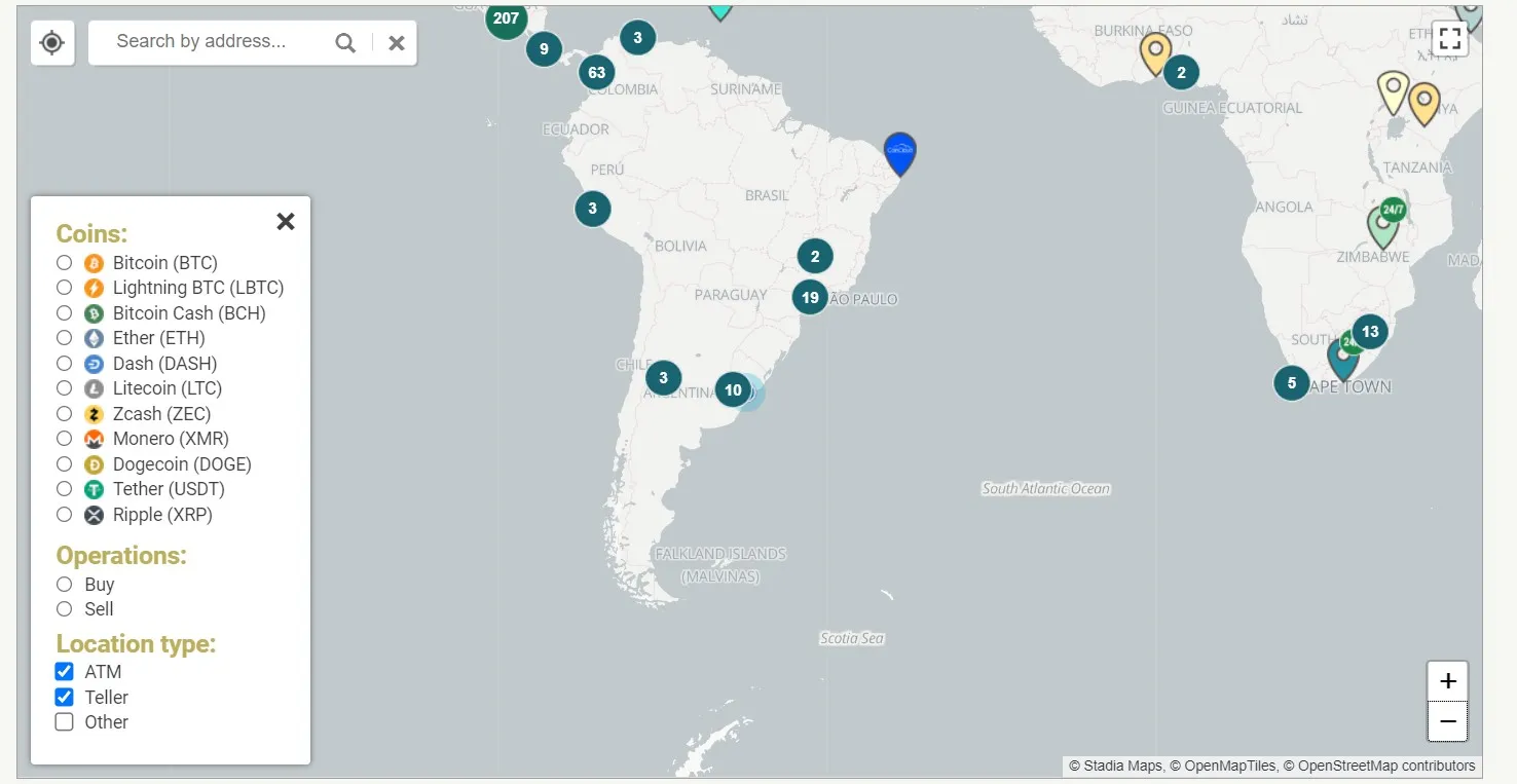 Mapa con la ubicación de los cajeros de Bitcoin en todo el mundo