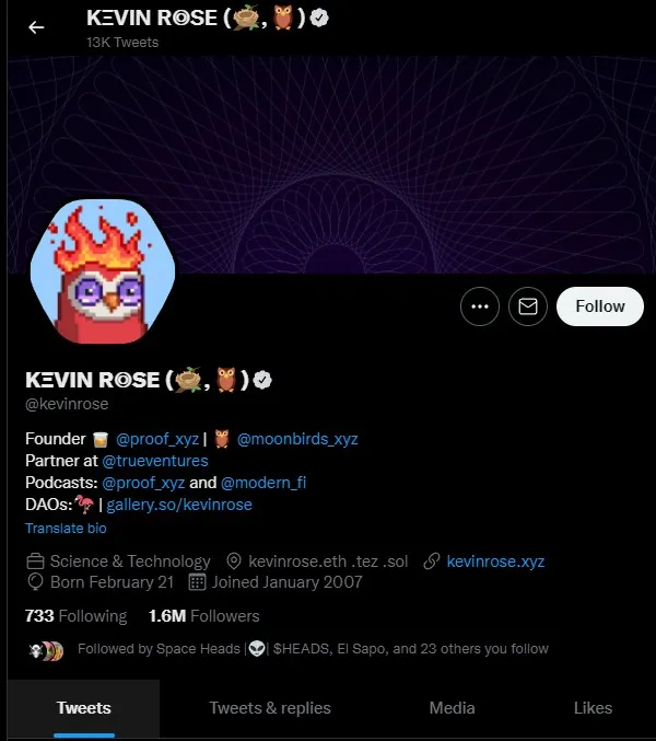 Perfil de Twitter de Kevin Rose Proof y Moonbirds NFT