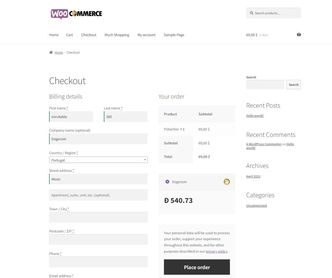 Pasarela de pago para ceptar Dogecoin en sitio desarrollados con WordPress que utilicen WooCommerce