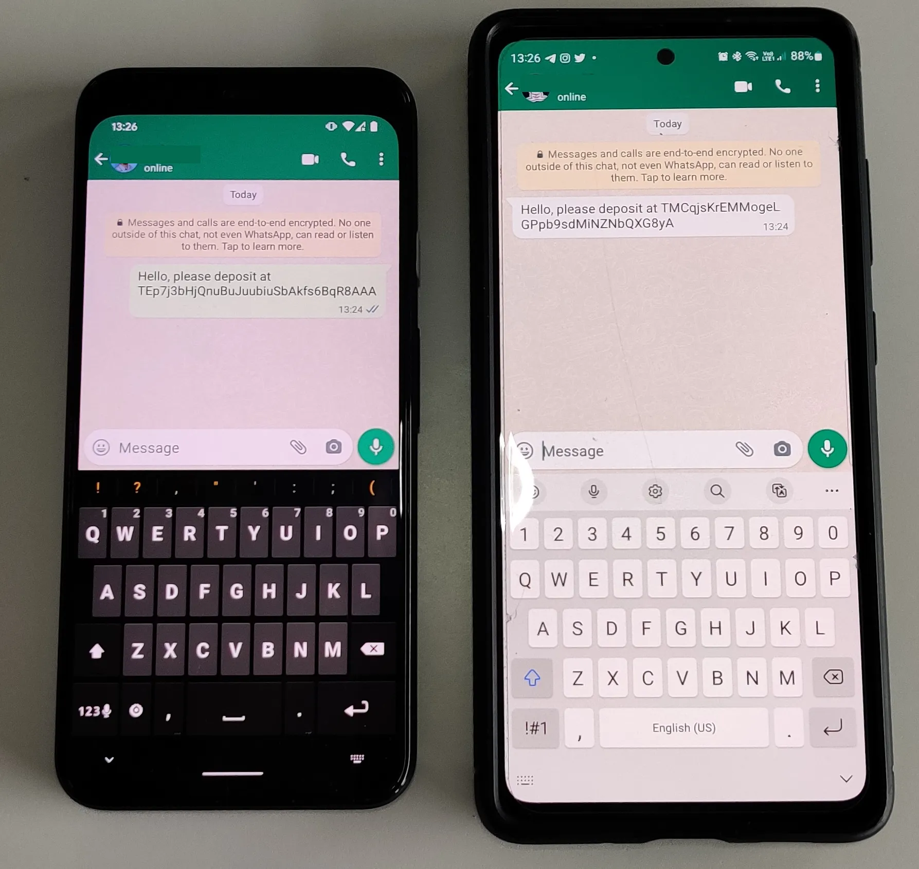 Versión maliciosa de WhatsApp (izquierda) reemplazó la dirección de la billetera enviada en el mensaje para el destinatario (derecha).