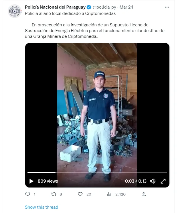 Tweet de la Policía de Paraguay, anunciando el allanamiento de una granja de minería clandestina.