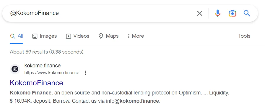 Resultado de Google para la búsqueda @KokomoFinance.