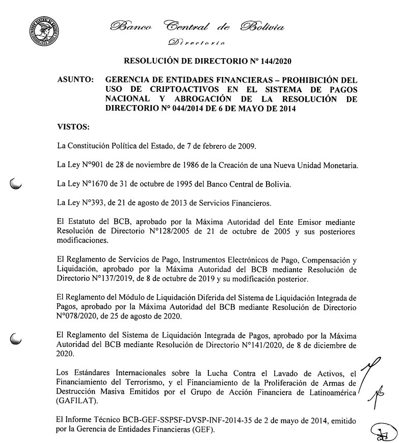 Resolución de Directorio No. 144/2020 del Banco Central de Bolivia.