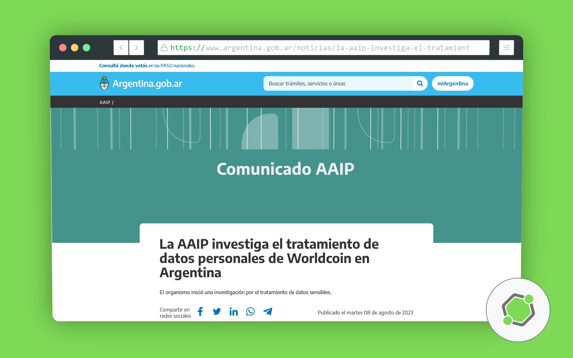 Comunicado de la Agencia de Acceso a la Información Pública (AAIP) sobre el tratamiento de datos personales de Worldcoin en Argentina.