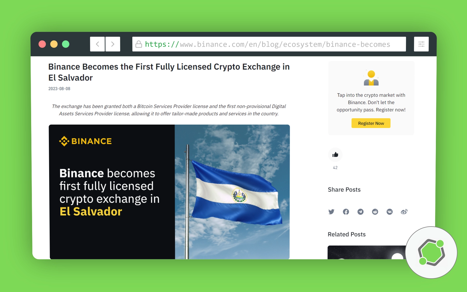 Binance se convierte en el primer intercambio de criptográfico con licencia en El Salvador.