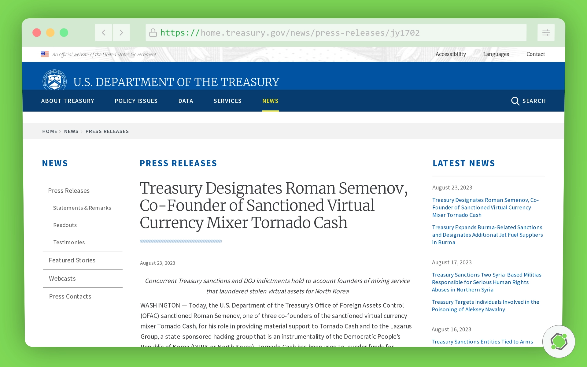 Departamento del Tesoro de Estados Unidos impone sanciones a Roman Semenov, cofundador de Tornado Cash.