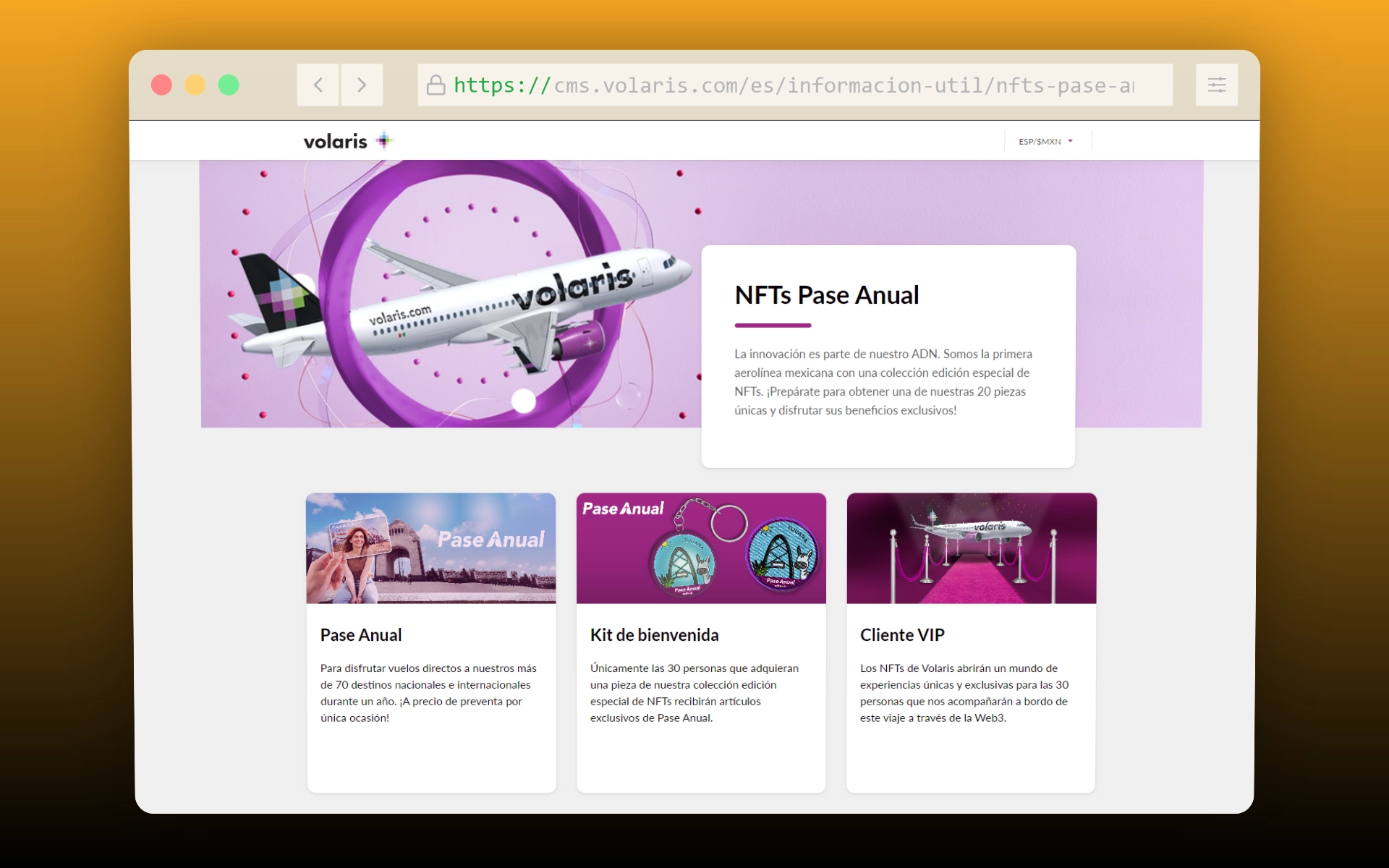 Sitio web de Volaris presentando su NFTs Pase Anual.