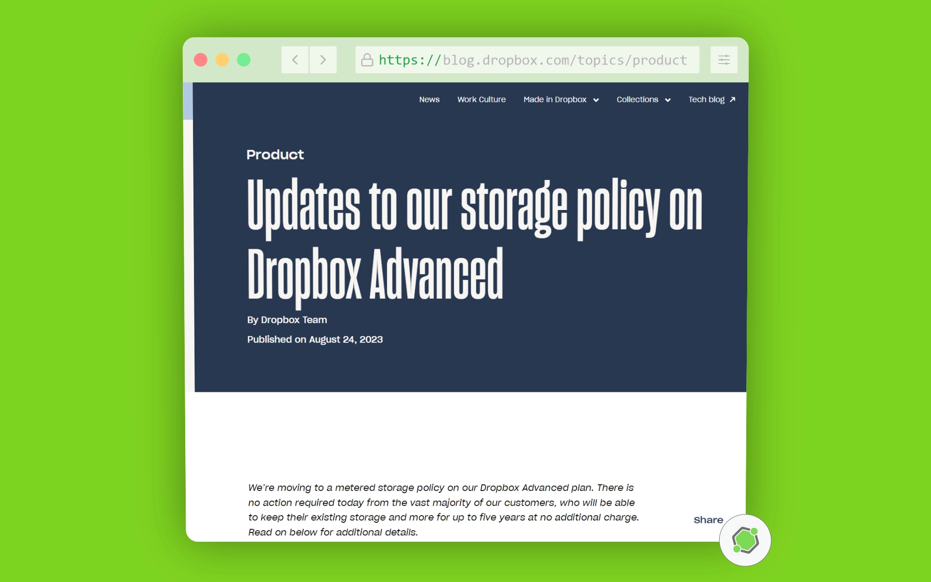 Artículo en el blog de Dropbox con Actualizaciones de la política de almacenamiento Advanced..