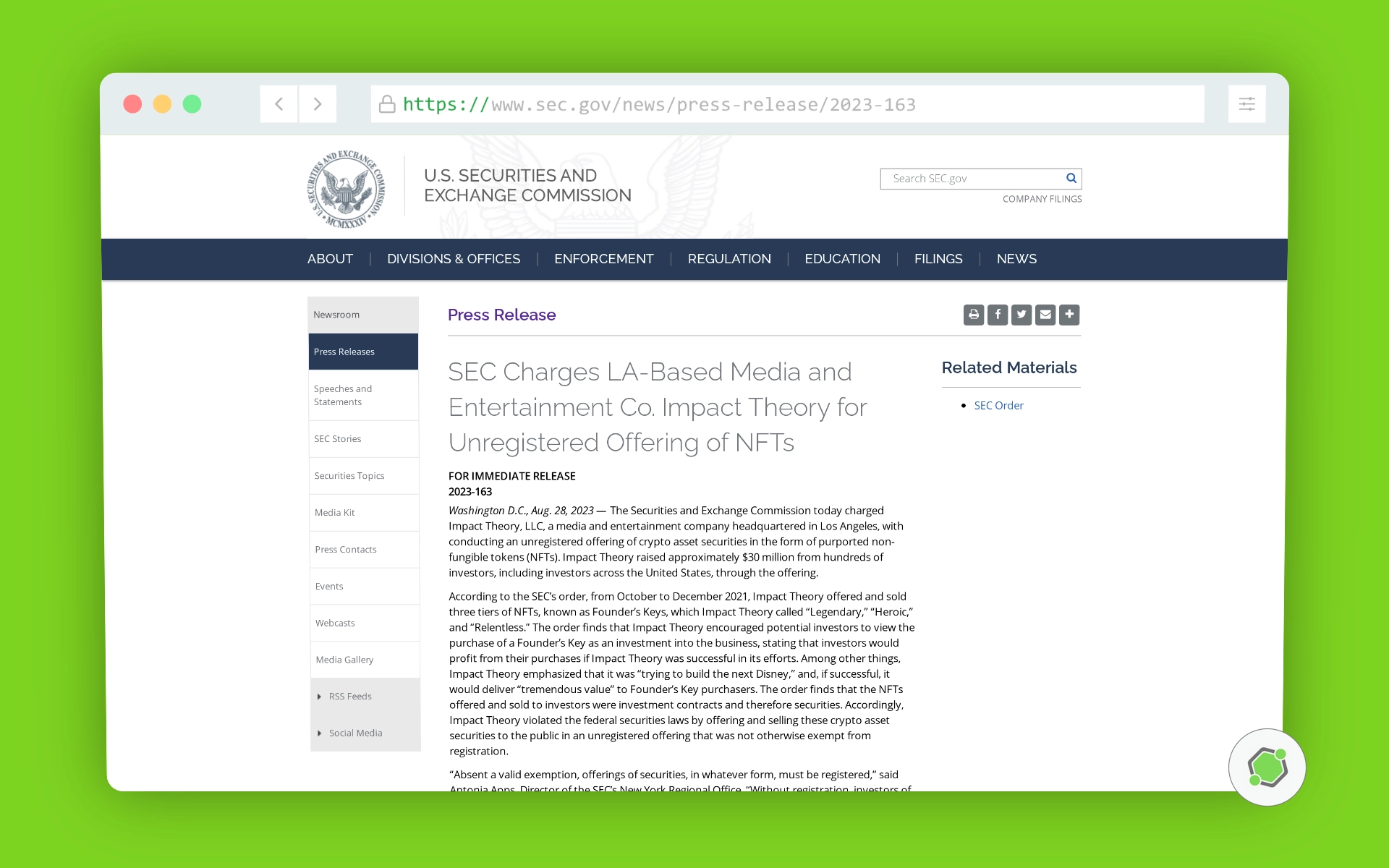 Denuncia de la SEC contra Impact Theory.