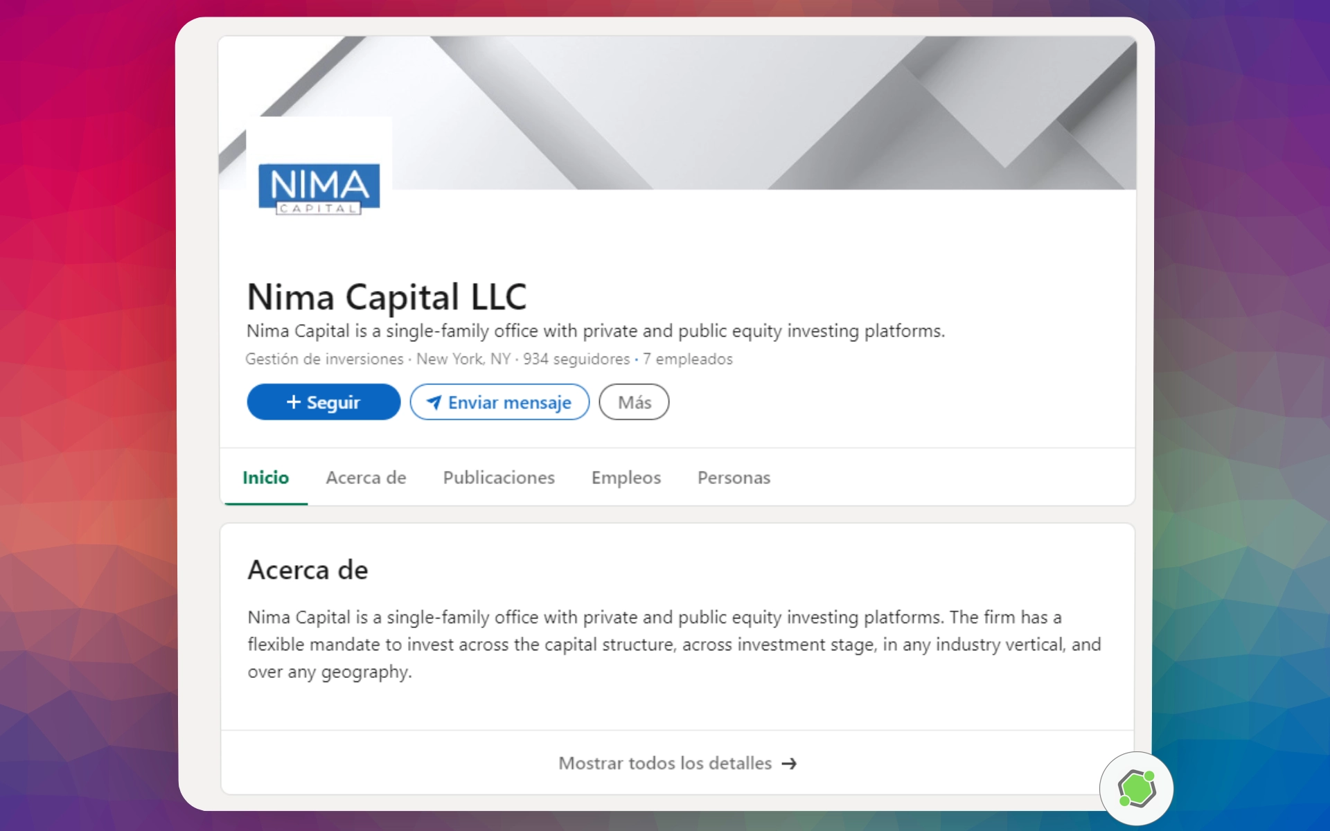 Perfil de Linkedin de Nima Capital.