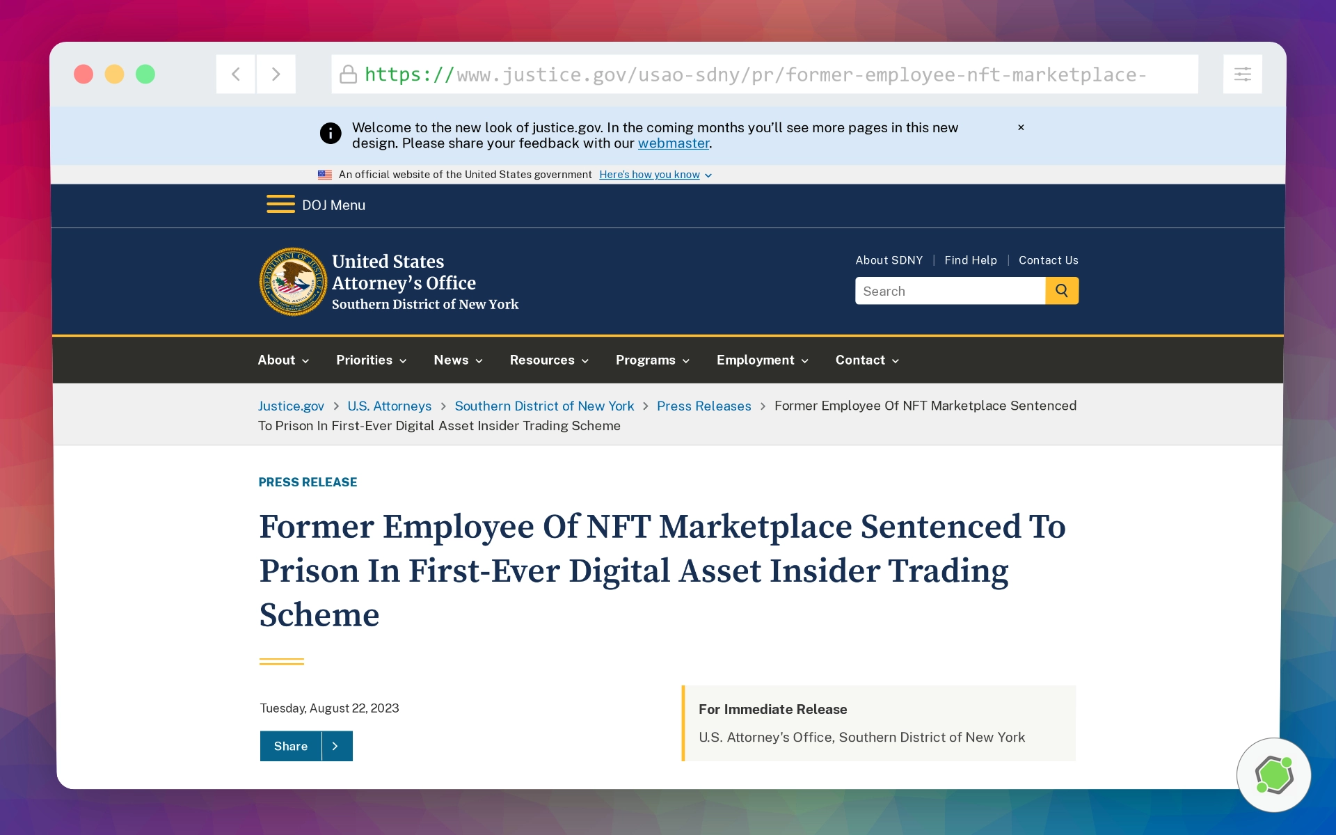 Nota de prensa oficial sobre el ex empleado de NFT Marketplace sentenciado a prisión por el primer esquema de uso de información privilegiada sobre activos digitales.
