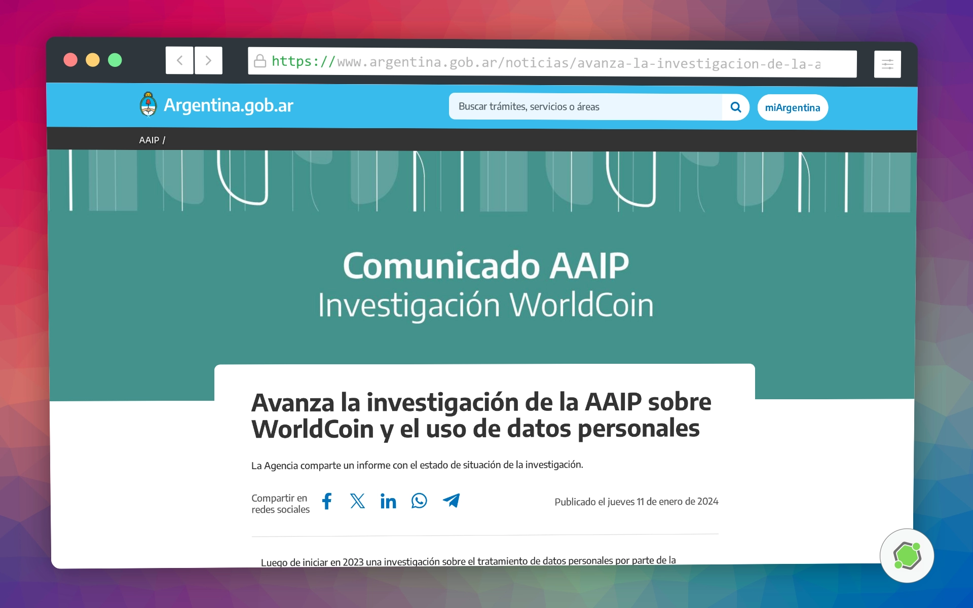 Comunicado oficial de la AAIP sobre la investigación a Worldcoin.
