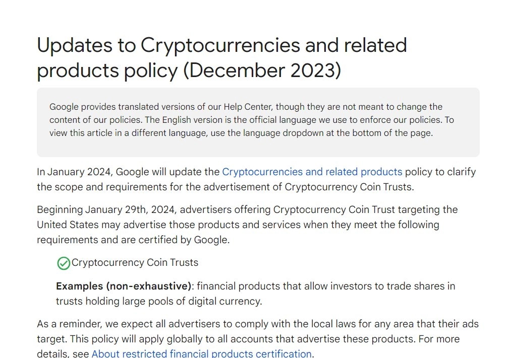 Actualización de la política de Google respecto a la publicidad de ETF de Bitcoin.