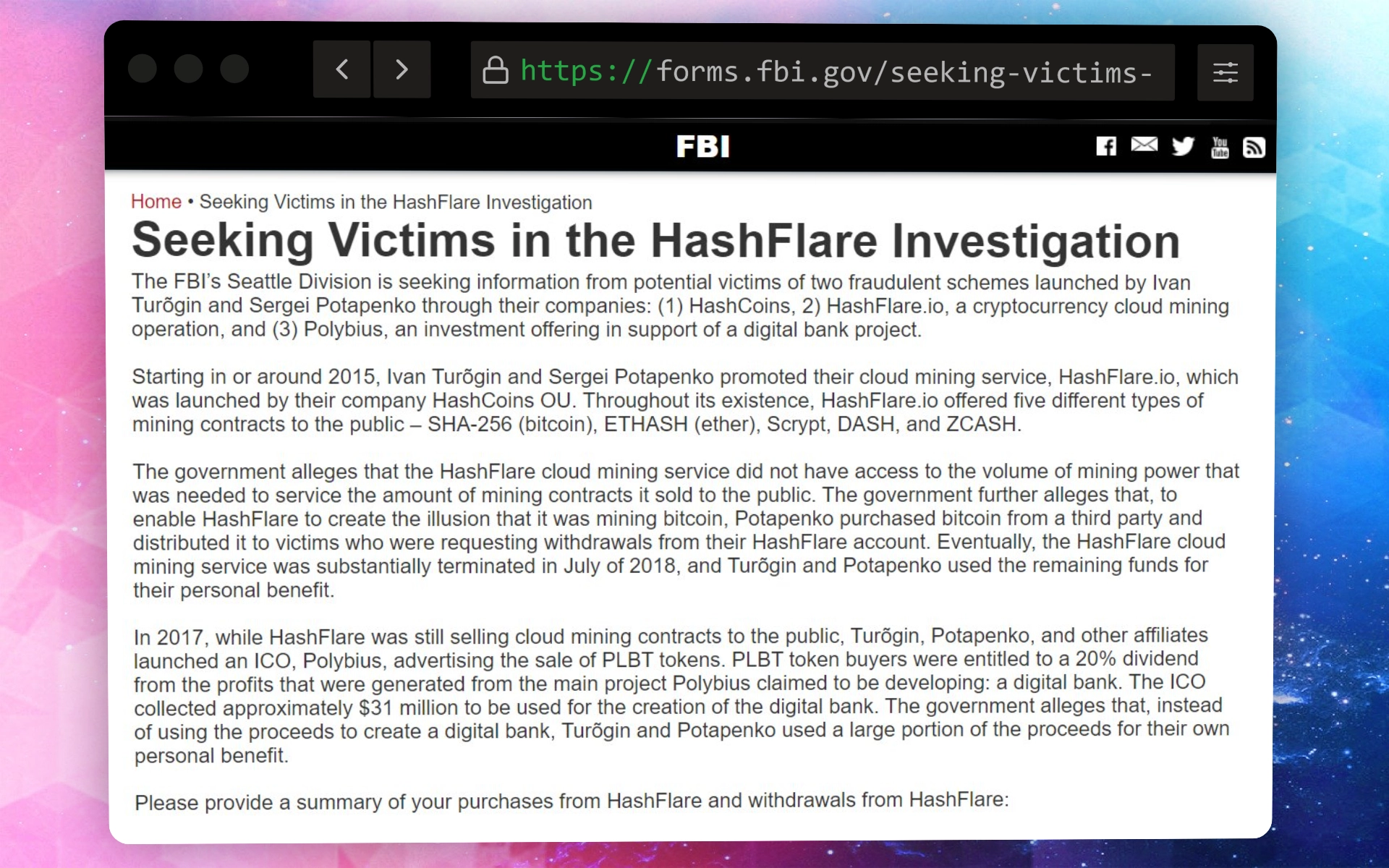 Página del FBI solicitando la cooperación de las víctimas de HashFlare.