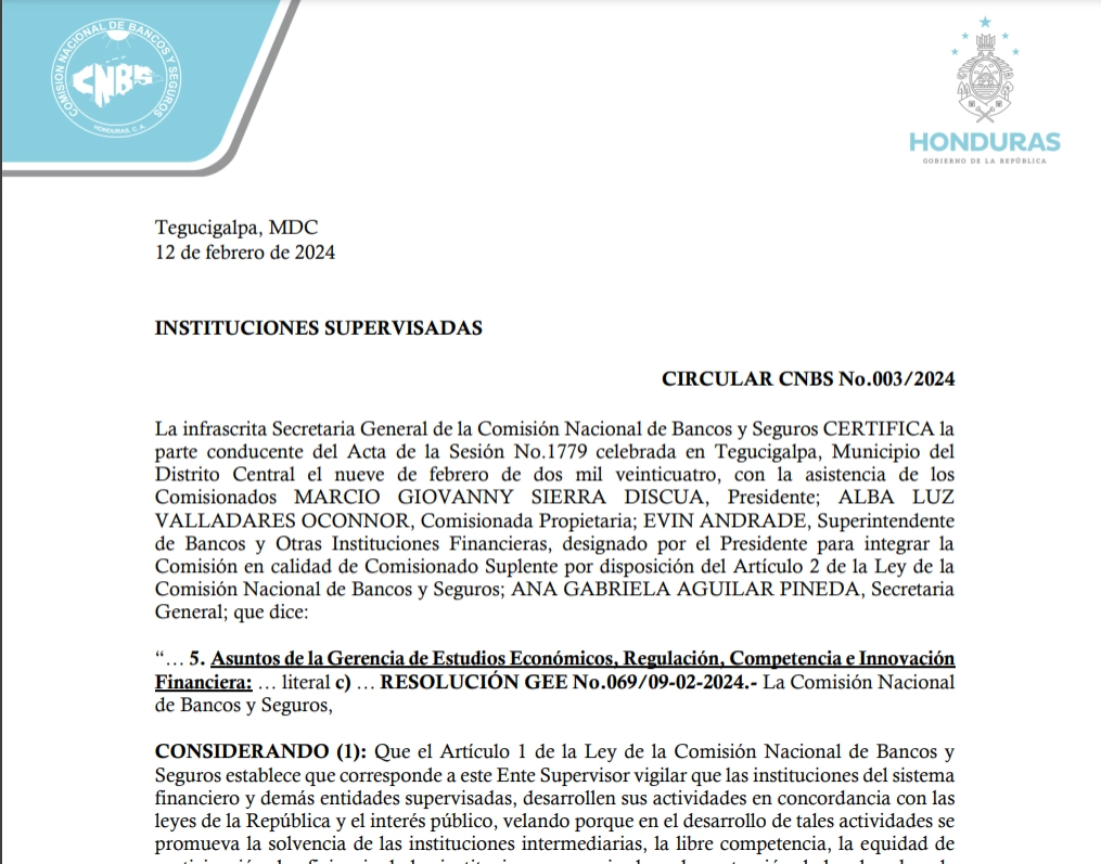 CIRCULAR CNBS No.003/2024. Honduras criptomonedas.