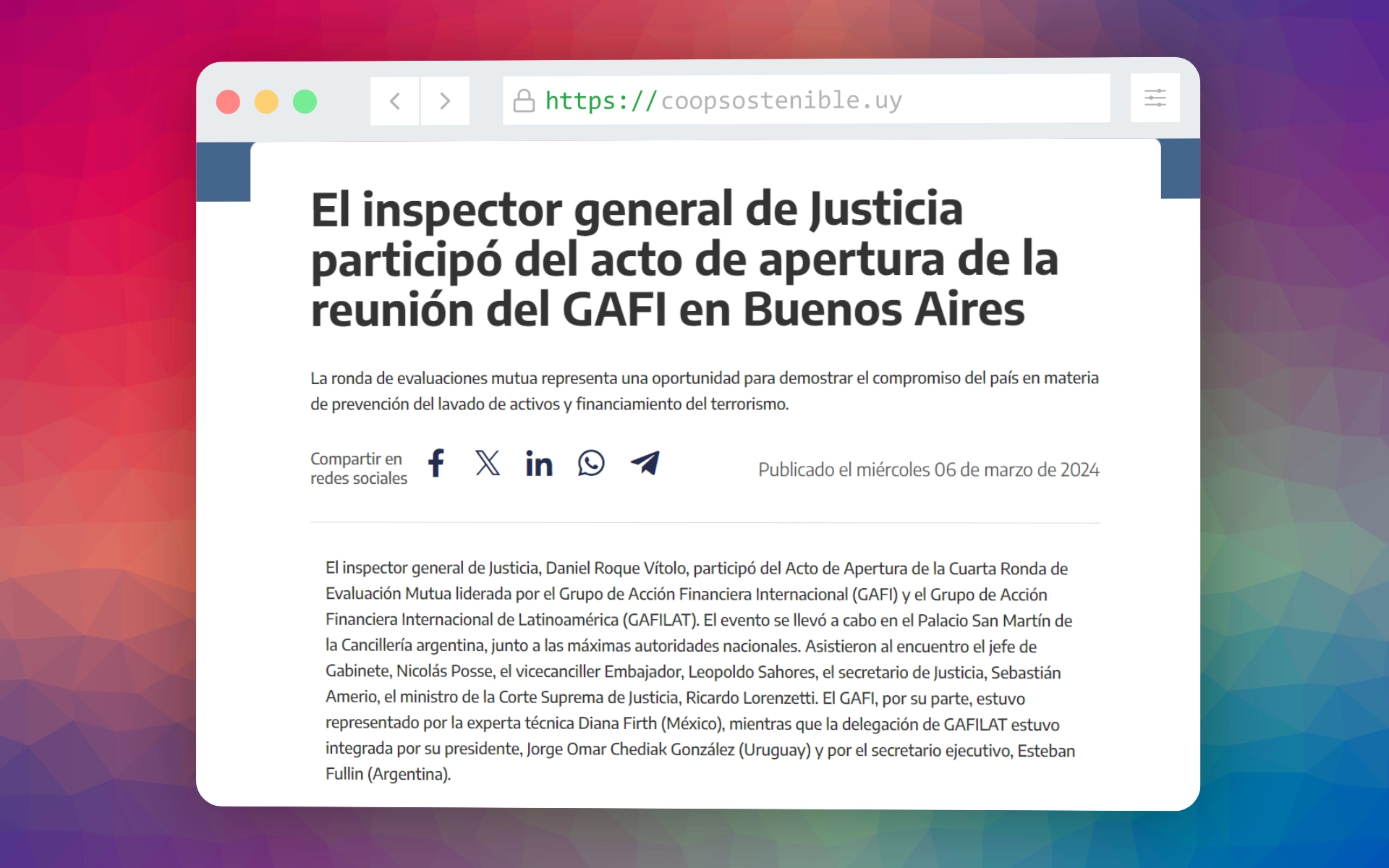 El inspector general de Justicia participó del acto de apertura de la reunión del GAFI en Buenos Aires.