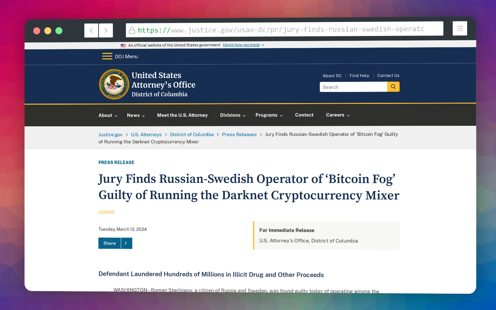 El jurado declara culpable al operador ruso-sueco de 'Bitcoin Fog' de gestionar el mezclador de criptomonedas Darknet.
