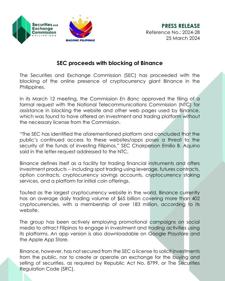 Anuncio oficial del SEC de Filipinas, sobre el bloqueo a la plataforma Binance en el país.