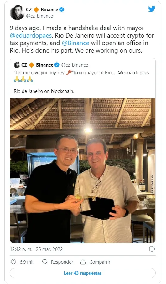 El CEO de Binance con el alcalde de Río de Janeiro