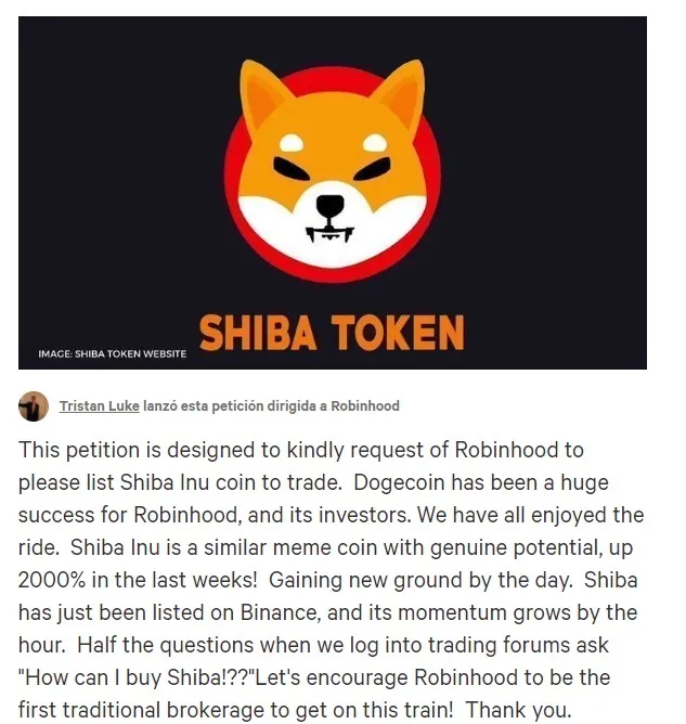 Petición para incluir SHiba Inu (SHIB) en Robinhood